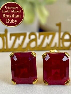 8.4ct Ruby Earrings 18k Yellow Gold on 925 Sterling. Emerald cut